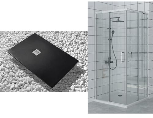 Receveur de douche 80 x 80 cm Vulcano Line Extra Slim noir + cabine de douche 80 x 80 cm haut 200 cm avec ouverture d'angle