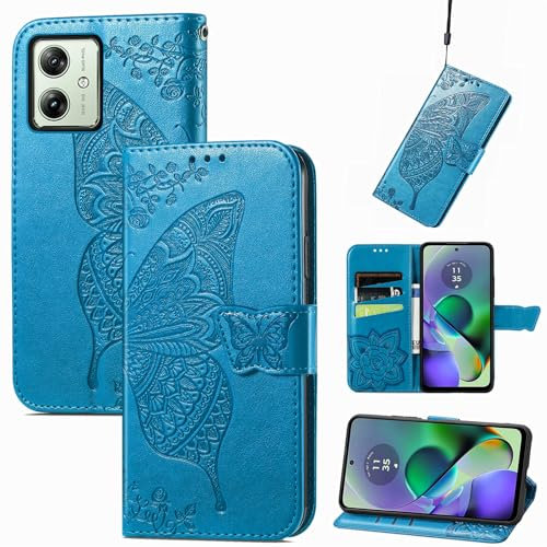 JIUNINE Funda para Motorola Moto G54 5G, Antigolpes Carcasa Libro con Tapa en Cuero Flip Case Cover con Dibujos de Mariposa, Cierre Magnético, Cartera y Soporte para Motorola G54 5G, Azul