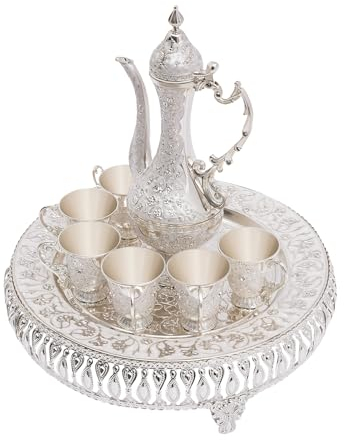 Ensemble de cafetière turque Caskunbsy, service à thé vintage, verre à vin samovar russe en métal avec 6 tasses à café de luxe et plateau à thé fait à la main (argent et blanc)