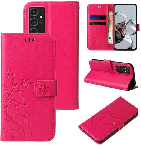 LBH Handy Hülle für Samsung Galaxy S24 Ultra Case Handytasche Schmetterling Blumen Flower Standfunktion Schutzhülle Magnet Rundum Schutz 360 Grad Flipcase Cover Pink