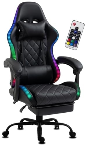 Delman Silla de oficina para gaming con iluminación LED, RGB, silla giratoria, acolchado grueso, base de metal, reposapiés 02-0055 (negro)