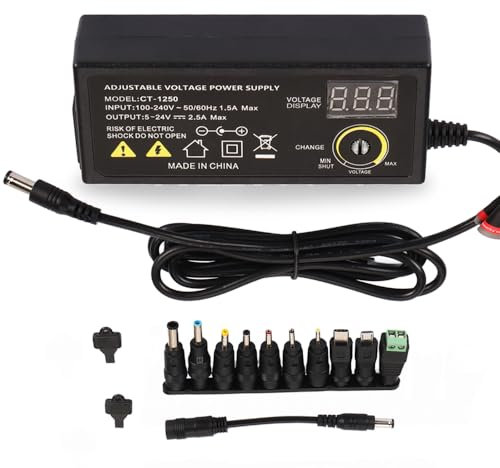 60W Universal Adjustable Power Supply, DC 5V‑24V AC/DC Converter with LED Display, for Household Electronics TV Boxes, Routers, USB Fans, with 10 Common Plugs(UK Plug)