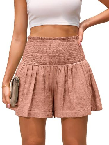 Xnova Short Sport Femme Chic Fluide Été, Large Fitness Shorts en Coton avec Ceinture Élastique, Confort Taille Haute Pantalon Court Décontracté (Rose, M)