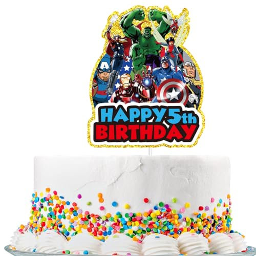 Avengers Cake Toppers for Boys 5th Birthday, Superhero Cartoon Themed Party, Happy 5th Birthday Toppers