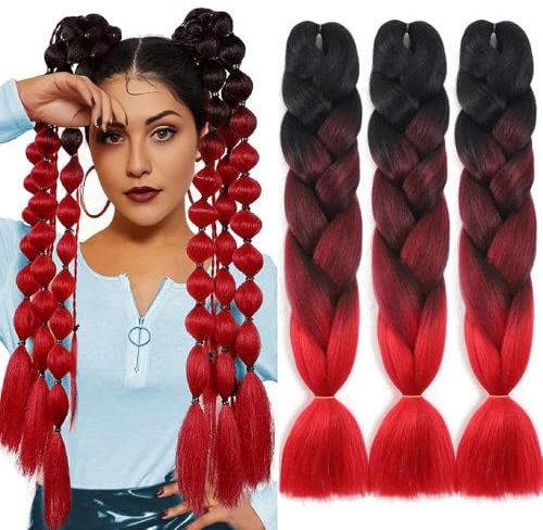 Jooceebaby Kunsthaar Zum Einflechten Easy Braid Vorgedehnte Braids Extensions Schwarz Rot HaarverläNgerungen 24 Zoll 3packs Haar Zum Einflechten Braids ZopfverläNgerungen (Black/Red)