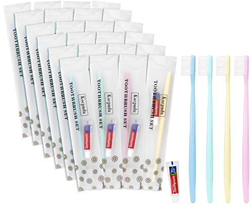 Einweg-Zahnbürste, Hotel-Zahnbürsten-Set, Einweg-Zahnbürste und Zahnpasta, einzeln verpackt, 4 Farben, zart und praktisch, geeignet für Hotel, Zuhause, Camping, Reisen (40 Stück)