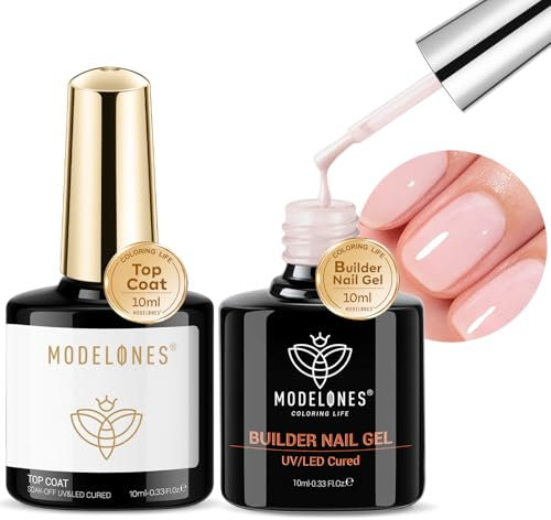MODELONES Builder Gel mit Top Coat Gel Uv,8 in One Aufbaugel für Gelnägel Nagelverstärker UV Gel für Strengthener Extension Gel Base, Gel Nagellack für Gelnägel Nail Art Maniküre Nageldesign Nude
