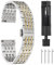 sourcing map Stainless Steel Watch Bands 16mm Double Pressing Butterfly Clasp Metal Solid Steel Chain Watch Strap Replacement Fits Smart Watch for Men Women, Silver Gold