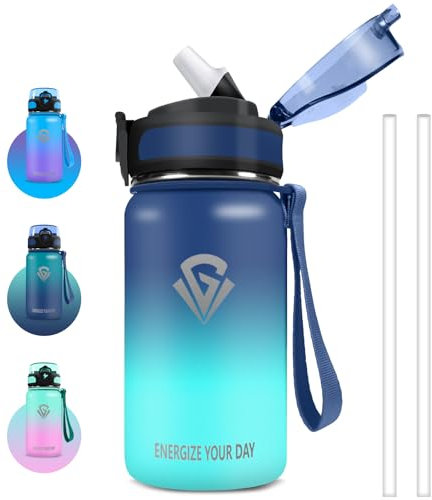 Grsta Gourde Isotherme, 500ml Gourde Enfant, Gourde Paille Anti-Fuite, Gourde Enfant Sans BPA, Facile à Ouvrir, Bouteille Isotherme, Réutilisable, pour Running, École, Bureau, Foot, Fille Garcon