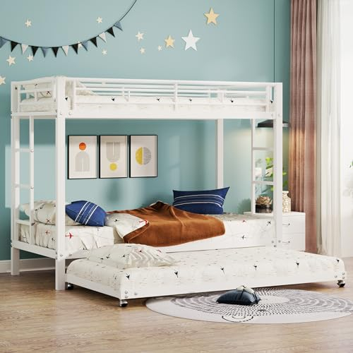 Etagenbett Metallbett Hochbett 90 x 200 cm mit 90 × 190cm Ausziehbares Bett für 2-3 Kinder, Kinderbett Eisenbett mit Leiter und Rausfallschutz, Metall Bettgestell für Kinder, Jugendliche (Weiß)
