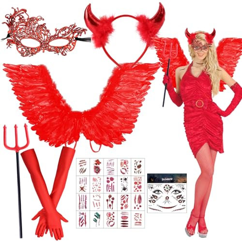 Costume Halloween Donna Diavolo, Costume Diavolo Donna, Ali Rosse Diavolo, Ali Diavolo Donna, Ali Rosse Halloween Con Corna Diavolo Rosse, Forcone Diavolo Halloween Carnevale, Cosplay Feste