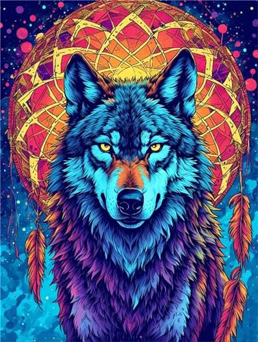 Malen Nach Zahlen Erwachsene Wolf Traumfänger Malen Nach Zahlen Eigenes Bild, DIY Malen Nach Zahlen Kinder Ölgemälde Set für Anfänger mit 3-Pinseln und Acrylfarbe für Home Wand Dekor 100X135cm I-2937