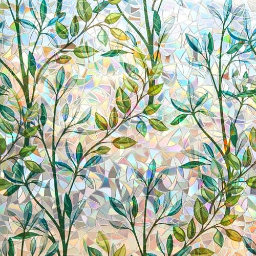 FINNEZ Vinilos para Ventana Anti UV Efecto Arco Iris Película Electrostática para Ventanas, No Adhesiva, Decorativa para Casa Oficina Dormitorio Cocina, 60 x 200 CM Verde