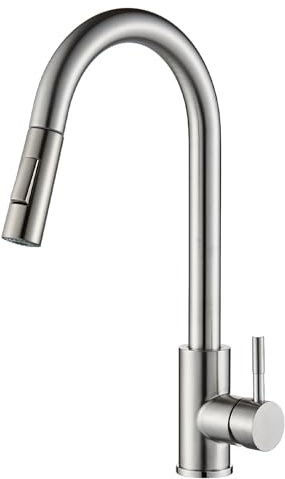 JUNSOTTOR Ausziehbarer Küchenwasserhahn Edelstahl mit Herausziehbarer Brause Hochdruck Spültischarmatur 360° schwenkbar & 2 Strahlarten Gebürstet Chrom Einhebel Mischbatterie