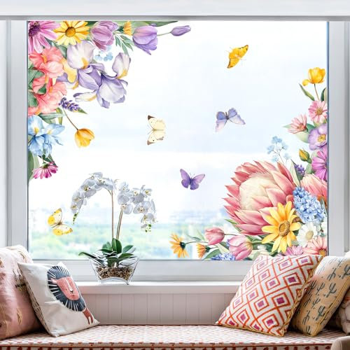 Tanlaby Fensterbilder Blumen Fensteraufkleber Sommer Frühling Pflanzen Bunt Schmetterling Anti-Kollision Fenstersticker Glastüren Fensterdeko Aufkleber Wohnzimmer Küche Büro
