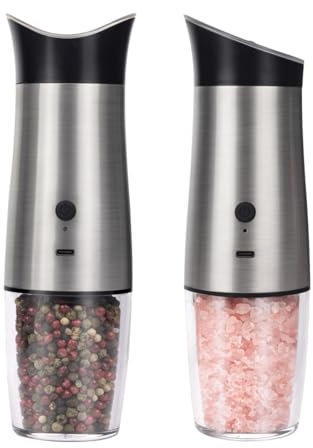 Magracy Gravity Electric Salt and Pepper Grinder Set USB Rechargeable Automatic One Hand Operated Mill for Kitchen BBQ Adjustable Coarseness Silver 2 Pack