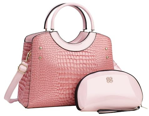 CORIOS Damen PU Leder Handtasche Krokodil-Muster Schultertaschen Wasserdicht Umhängetaschen Große Kapazität Tragetasche Henkeltaschen Retro Tote Beutel Elegant Messenger-Tasche 2pcs Rosa