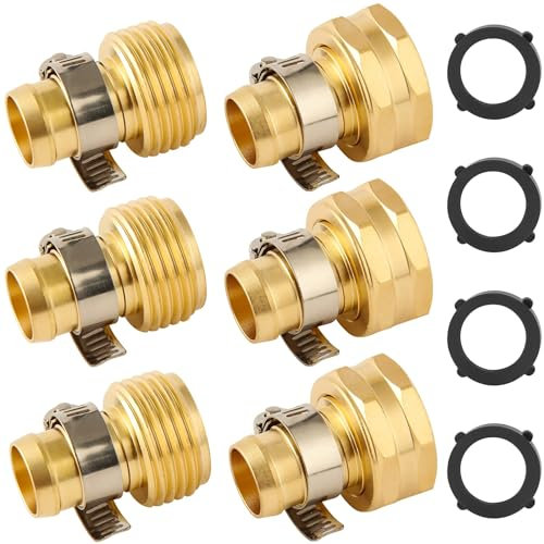 AuySier 3 Set Brass Garden Hose Repair Connector Kit with Clamps, Fit for 5/8 Garden Hose Fitting,5/8'' Barb x 3/4'' GHT Garden Hose Adapter/Fittings, Water Hose Repair Kit