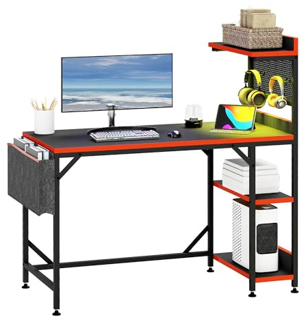 YITAHOME Computer Desk with Shelves Power Outlet LED Reversible 113cm Black | Home office pc small desk, storage shelves hook side bag, CPU stand, 7-color RGB LED, writing study corner desk