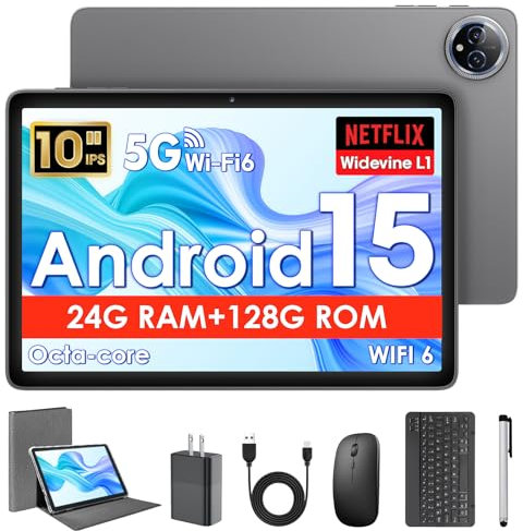 Android 15 Tablet,10 inch Tablets, Octa Core CPU, 10GB RAM+128GB ROM+1TB Expand, 1280x800 HD IPS Touchcreen Display, 5G+2.4G Wi-Fi, Dual Camera, 6000mAh Battery, BT 5.0, Google Tablets 2025, Gray
