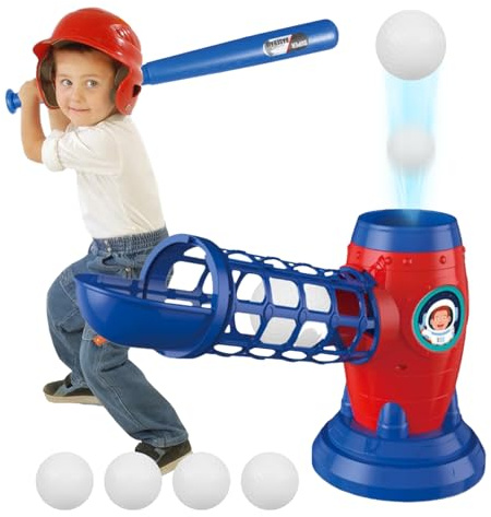 Kids 2-in-1 Baseball and Tennis Pitching Machine - Automatic Pitcher | Includes 6 EVA Balls, Bat, and Racket with Adjustable Angles| Perfect for Outdoor Play, Sets for Ages 3–8