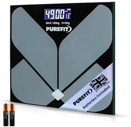 PUREFIT Digital Bathroom Scales for Body Weight - Ultra Slim Weighing Scales with High Precision Sensors, LED Display, Tempered Glass & Step-On | 2XAAA Batteries Included LB/KG/ST Max Weight 180KG