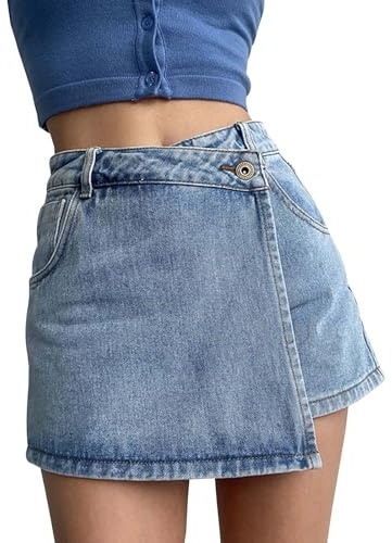 Générique Short Jean Femme Taille Haute Ample Jupe-Culotte Style Jupe Effet Superposé Short en Jean Évasé Décontracté Mode Été Plage Vacances Ville Quotidien Confortable Tendance, Bleu