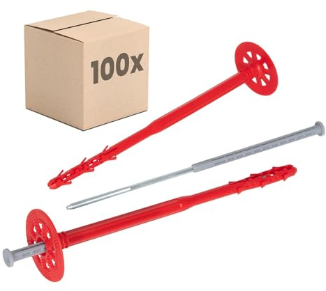 PROTEKTOR 100x Cheville isolation, clou acier Ø10 x 280mm plastique, acier | Cheville à enfoncer certifiée ETA avec clou pour ITE, isolation de façade, cheville de façade, cheville à rosace