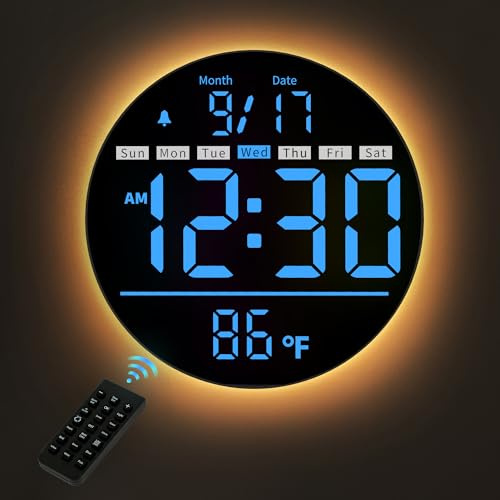 HAITANG Digitale Wanduhr Groß 20cm Rund, Wanduhr mit Fernbedienung, Automatischer Helligkeit, Temperatur, Sommerzeit (DST), Wecker mit Werktags/Wochenend-Modus, LED Digitaluhr für Schlafzimmer