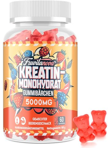 Fruvitanova Kreatin Monohydrat Gummibärchen 5000 mg pro Portion, weiche Gummibärchen mit Fruchtgeschmack, Taurin und schwarzem Pfeffer für Muskeln und Kraft, 60 Stück