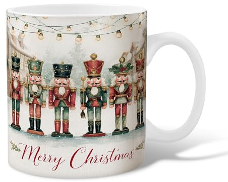 Nussknacker-Kaffeetasse aus Keramik, weihnachtliche Weihnachtslichter, immergrün, rot, Neuheit, Arbeits-Trinkbecher mit Griff, Geschenk für Freunde, Familie, Kollegen, Liebhaber, Senioren, 425 ml