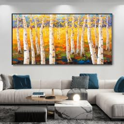 LMAIWANG Tableau classique Forêt de bouleaux, peinture à l'huile abstraite texturée au couteau, paysage pour décoration murale (50x100cm/sans cadre)