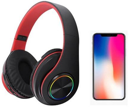 WOHPNLE Bluetooth-RGB-Gaming-Headset, kabellose Kopfhörer, Faltbare PC-Spiel-Kopfhörer, klares, gestochen scharfes Audio-Gaming-Headset für tägliche Heimspiel-Sessions (Schwarz Rot)