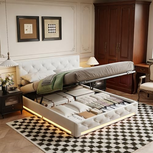 BRYXR Polsterbett 160x200, Bett mit Hydraulischem Stauraum, Doppelbett mit LED-Beleuchtung, Jugendbett Funktionsbett, Boxspringbett Bettgestell mit Lattenrost, Beige Leinen, Ohne Matratze