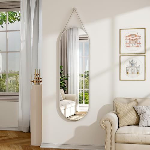 Koonmi Ovaler hängender Spiegel 40x120cm, hängende Spiegel für Wand mit Lederband, High-Definition Aluminium Legierung Rahmen für Badezimmer Schlafzimmer Eingang Dekor, Silber