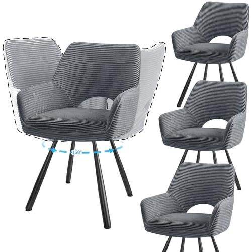 JIJIAN 4er Set Esszimmerstuhl Drehbar mit Armlehne, Drehbar 360°, Küchenstuhl, Moderner Polsterstuhl mit Stoffrückenlehne für Küche, Esszimmer, Schlafzimmer, Grau