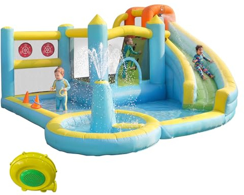 Castello gonfiabile parco acquatico, 430 x 390 x 210 cm, scivolo d'acqua con piscina e soffiatore, tessuto Oxford, parco giochi d'acqua multifunzione per bambini dai 3 ai 10 anni, giardino esterno