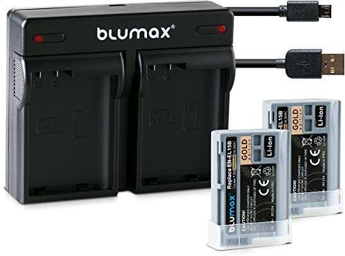 Blumax 2X Gold Edition Akku Nikon EN-EL15b 2040mAh + Dual-Ladegerät Micro-USB | kompatibel mit Nikon Z6 MarkII und Z7 | 7,0V 14,3Wh
