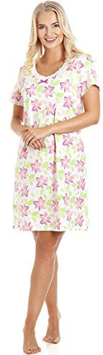 Camille Womens Smooth Soft Cotton Summer Nightshirts 10-12 White Floral