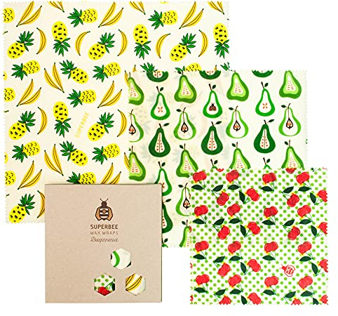 SuperBee Wax Wraps Set 3 Beeswax Wraps in den Größen S,M & L Fruit Punch Wiederverwendbar, Umweltfreundlich und Ethisch hergestellt.