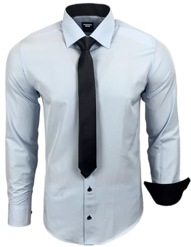 Subliminal Mode - Chemise Homme Manches Longues Col Bicolore Uni + Cravate Noir Chemise Coupe Ajusté Business Repassage Facile RN77 Bleu Ciel M