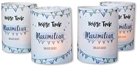 FEENSTAUB Blau Windlicht-hülle aus Transparentpapier personalisierbar mit Anlass, Namen und Datum, Dekoration für Taufe oder Geburtstag, Teelicht-hülle, Licht-hülle 4er Set, Tischdeko, Taufdeko