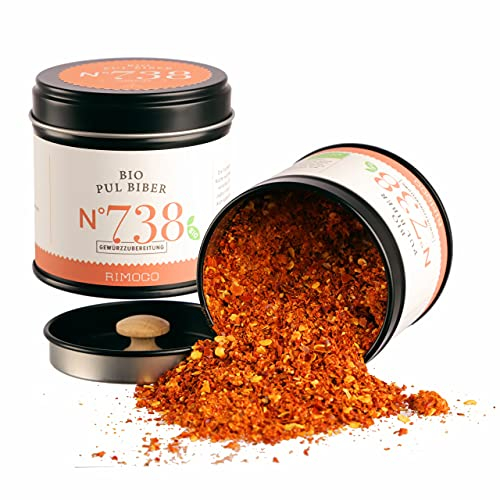 Rimoco N°738 Bio Pul Biber - scharf, pikant, fruchtig und würziges Aroma - Würzmischung für traditionell türkische Gerichte | Bio Anbau (DE-ÖKO-007) | 70g in eleganter Gewürzdose mit Aromadeckel