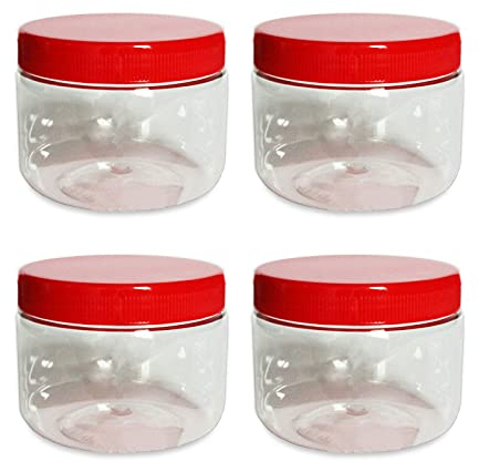AFSUK Sunpet 200ml Plastic Storage Jar With Screw Top Lids Red Airtight Food Storage Containers BPA Free For Kitchen, Herb, Spices, Sweets Clear Round Canister pots (Pack of 4)