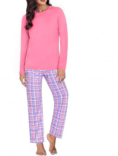 Uniexcosm Pyjama Femme Coton Long Hiver Carreaux Col Ronde Manches Longues avec Poches Latérales Rouge Rose S