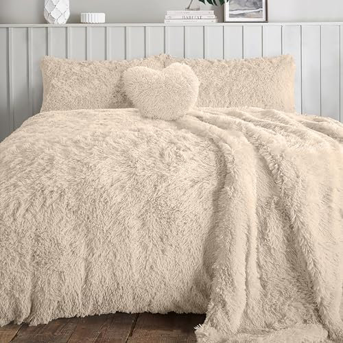 Rohi Luxury Faux Fur Duvet Cover Set Single – Soft Cuddly Long Pile Teddy Fleece Duvet Set with Pillowcases – Thermal Warm, Breathable & Hypoallergenic Faux Fur Bedding Cover Set – Cream, Single