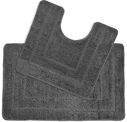 Allure Non Slip Bath Mat Set 2 Piece Bath and Toilet Mat Set - Easy Care Super Soft Microfibre Pile (Dark Grey)