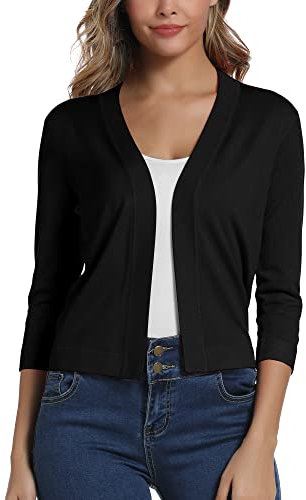EXCHIC Femmes élégant Manches 3/4 Ouvert Devant Boléros Cardigan Gilet (M, Noir)