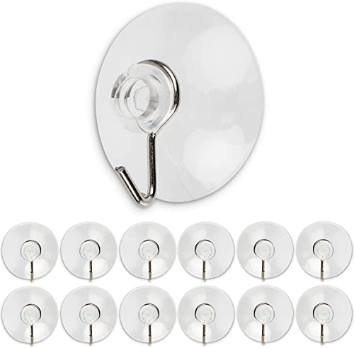 12 x Crochets à ventouses, Diamètre Ø 40 mm, Transparents, Avec crochet métallique pour salle de bain, cuisine, carrelage mural, verre, miroir, Usage universel, Sans perçage ni collage, 12 x Ventouse