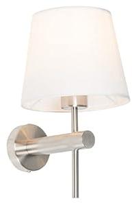 Qazqa - Moderne Wandleuchte Stahl I Silber I nickel matt mit weißem Schirm - Pluk I Wohnzimmer I Schlafzimmer - Stahl Rund - LED geeignet E27